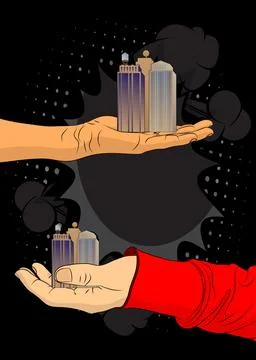 Cartoon, comic book human hands holding Skyscraper. Retro vector comics pop.. Stock Illustration