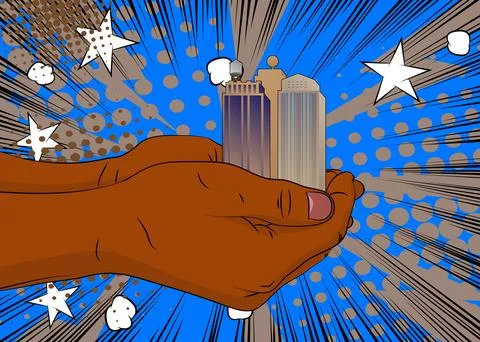 Cartoon, comic book human hands holding Skyscraper. Retro vector comics pop.. Stock Illustration
