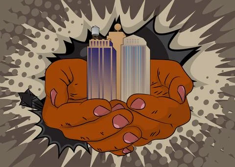 Cartoon, comic book human hands holding Skyscraper. Retro vector comics pop.. Stock Illustration