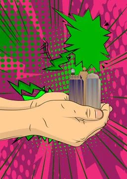 Cartoon, comic book human hands holding Skyscraper. Retro vector comics pop.. Stock Illustration