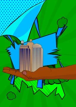 Cartoon, comic book human hands holding Skyscraper. Retro vector comics pop.. Stock Illustration