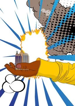 Cartoon, comic book human hands holding Skyscraper. Retro vector comics pop.. Stock Illustration
