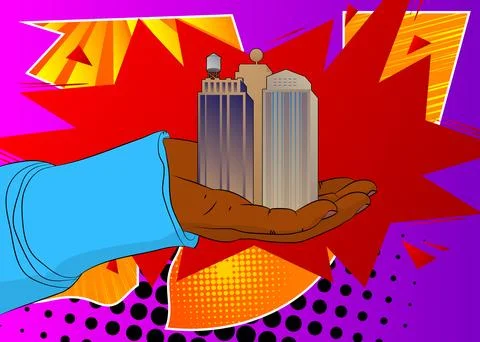 Cartoon, comic book human hands holding Skyscraper. Retro vector comics pop.. Stock Illustration