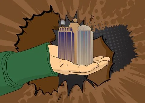 Cartoon, comic book human hands holding Skyscraper. Retro vector comics pop.. Stock Illustration