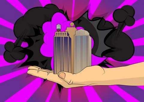 Cartoon, comic book human hands holding Skyscraper. Retro vector comics pop.. Stock Illustration