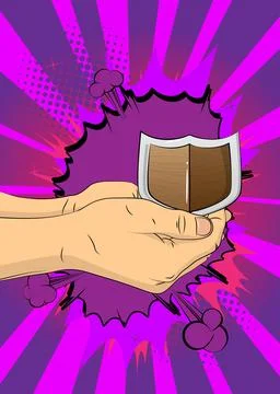 Cartoon, comic book human hands holding Shield. Retro vector comics pop art.. Stock Illustration