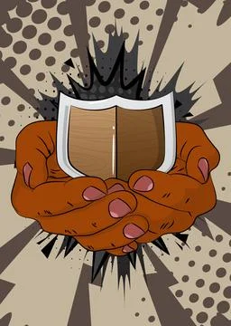 Cartoon, comic book human hands holding Shield. Retro vector comics pop art.. Stock Illustration