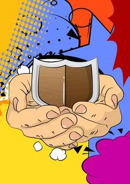 Cartoon, comic book human hands holding Shield. Retro vector comics pop art.. Stock Illustration