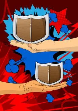 Cartoon, comic book human hands holding Shield. Retro vector comics pop art.. Stock Illustration