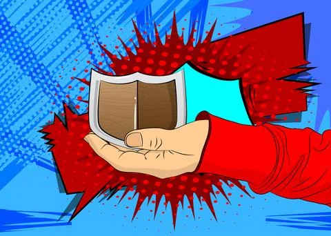 Cartoon, comic book human hands holding Shield. Retro vector comics pop art.. Stock Illustration