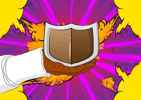 Cartoon, comic book human hands holding Shield. Retro vector comics pop art.. Stock Illustration