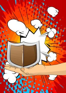 Cartoon, comic book human hands holding Shield. Retro vector comics pop art.. Stock Illustration