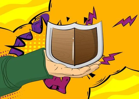 Cartoon, comic book human hands holding Shield. Retro vector comics pop art.. Stock Illustration