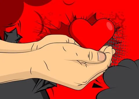 Cartoon, comic book human hands holding Red Heart. Retro vector comics pop .. Stock Illustration