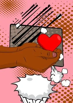 Cartoon, comic book human hands holding Red Heart. Retro vector comics pop .. Stock Illustration