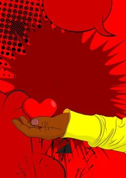 Cartoon, comic book human hands holding Red Heart. Retro vector comics pop .. Illustrazione stock
