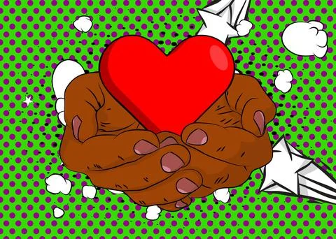 Cartoon, comic book human hands holding Red Heart. Retro vector comics pop .. Stock Illustration