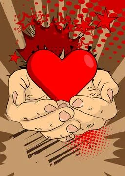 Cartoon, comic book human hands holding Red Heart. Retro vector comics pop .. Stock Illustration