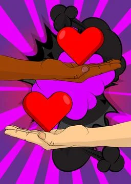 Cartoon, comic book human hands holding Red Heart. Retro vector comics pop .. Illustrazione stock