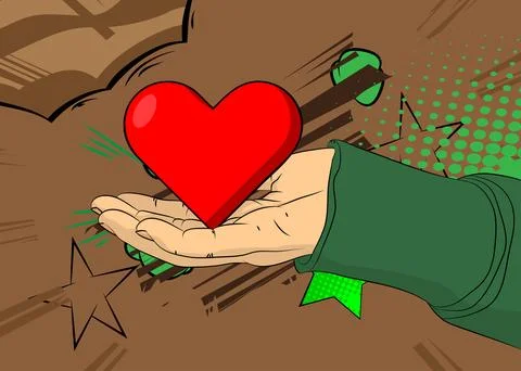 Cartoon, comic book human hands holding Red Heart. Retro vector comics pop .. Illustrazione stock