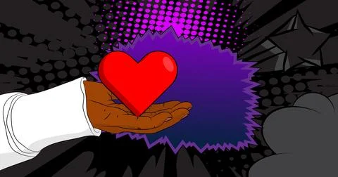 Cartoon, comic book human hands holding Red Heart. Retro vector comics pop .. Illustrazione stock
