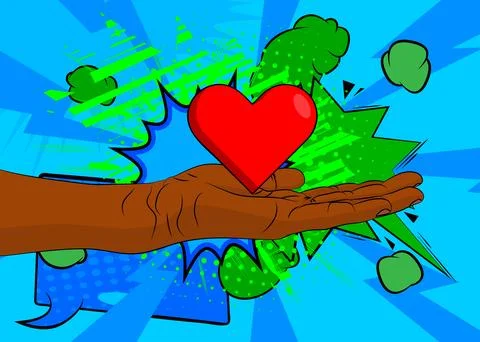 Cartoon, comic book human hands holding Red Heart. Retro vector comics pop .. Stock Illustration