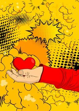 Cartoon, comic book human hands holding Red Heart. Retro vector comics pop .. Stock Illustration