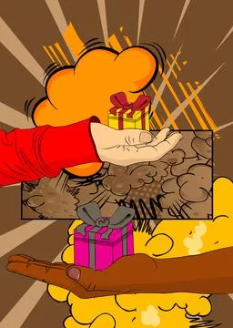 Cartoon, comic book human hands holding Heart and gift box. Retro vector co.. Stock Illustration