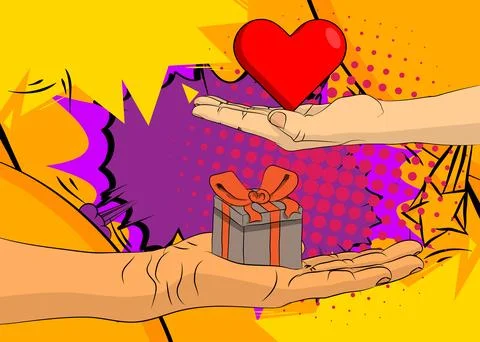Cartoon, comic book human hands holding Heart and gift box. Retro vector co.. Illustrazione stock