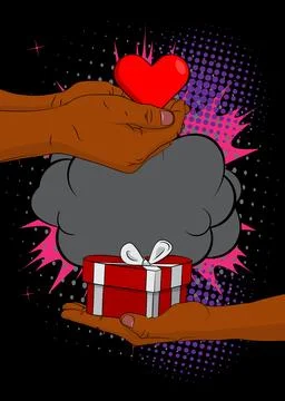 Cartoon, comic book human hands holding Heart and gift box. Retro vector co.. Stock Illustration