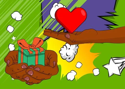 Cartoon, comic book human hands holding Heart and gift box. Retro vector co.. Stock Illustration
