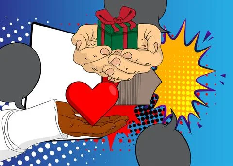 Cartoon, comic book human hands holding Heart and gift box. Retro vector co.. Illustrazione stock