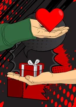 Cartoon, comic book human hands holding Heart and gift box. Retro vector co.. 스톡 일러스트