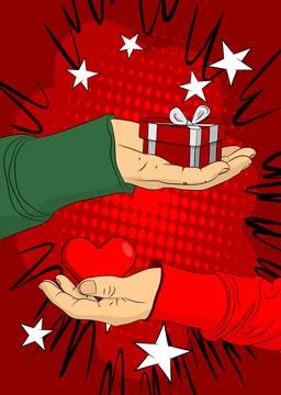Cartoon, comic book human hands holding Heart and gift box. Retro vector co.. Illustrazione stock