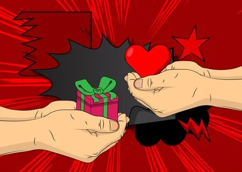 Cartoon, comic book human hands holding Heart and gift box. Retro vector co.. Illustrazione stock