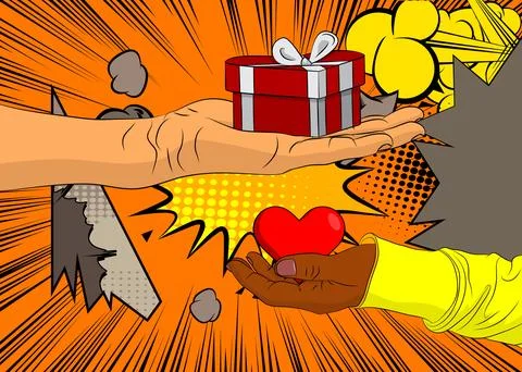 Cartoon, comic book human hands holding Heart and gift box. Retro vector co.. Stock Illustration