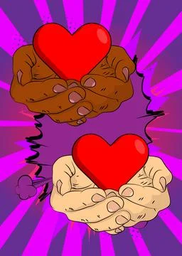 Cartoon, comic book human hands holding Heart and gift box. Retro vector co.. Illustrazione stock