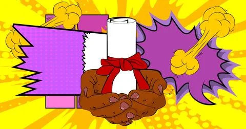 Cartoon, comic book human hands holding Diploma, rolled paper with ribbon. .. Illustrazione stock