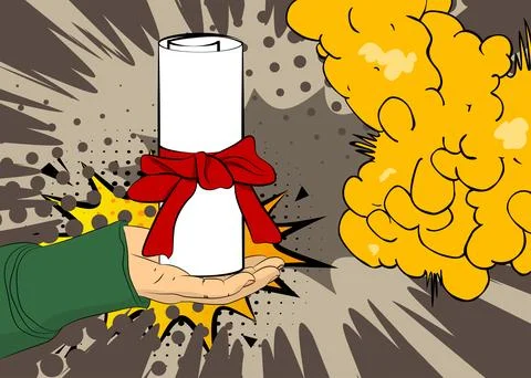 Cartoon, comic book human hands holding Diploma, rolled paper with ribbon. .. Stock Illustration