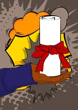 Cartoon, comic book human hands holding Diploma, rolled paper with ribbon. .. Illustrazione stock