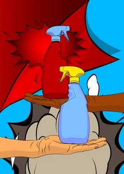 Cartoon, comic book human hands holding Spray Bottle. Retro vector comics p.. Stock-Illustration