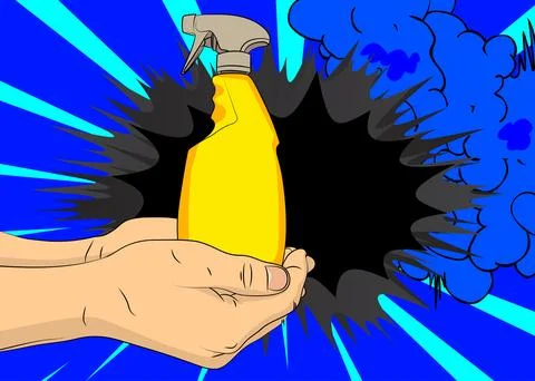 Cartoon, comic book human hands holding Spray Bottle. Retro vector comics p.. Stock-Illustration