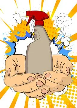 Cartoon, comic book human hands holding Spray Bottle. Retro vector comics p.. Stock-Illustration