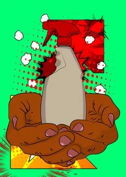 Cartoon, comic book human hands holding Spray Bottle. Retro vector comics p.. Stock-Illustration