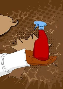 Cartoon, comic book human hands holding Spray Bottle. Retro vector comics p.. Stock-Illustration