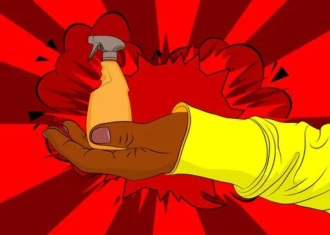 Cartoon, comic book human hands holding Spray Bottle. Retro vector comics p.. Stock-Illustration