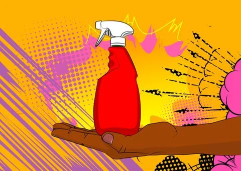 Cartoon, comic book human hands holding Spray Bottle. Retro vector comics p.. Stock Illustration