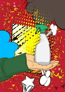 Cartoon, comic book human hands holding Spray Bottle. Retro vector comics p.. Stock-Illustration