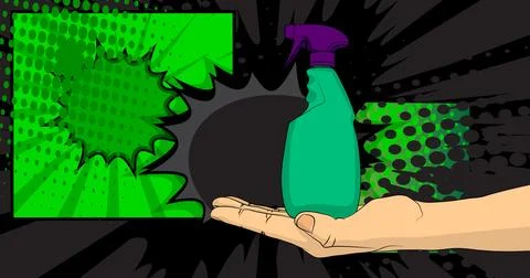 Cartoon, comic book human hands holding Spray Bottle. Retro vector comics p.. Stock-Illustration