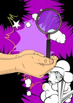 Cartoon, comic book human hands holding Magnifying glass. Retro vector comi.. Stock Illustration